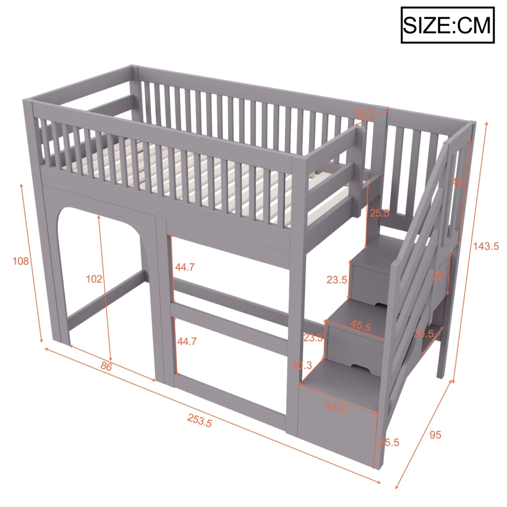 Letto a soppalco 90 x 200 cm, con ripiano portaoggetti, illuminazione a LED, sponde di sicurezza, letto per bambini, grigio
