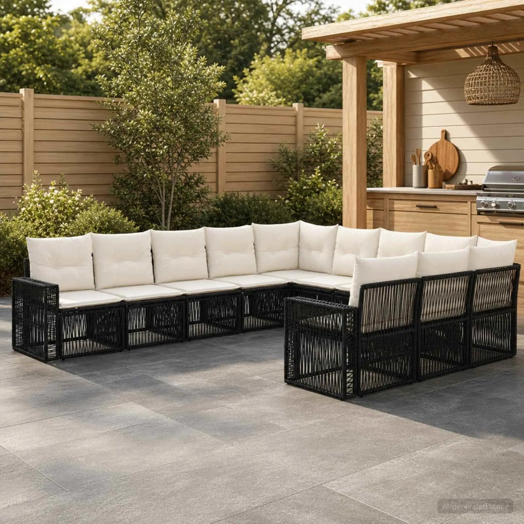 Set Divano da Giardino 11 pz Nero e Bianco Crema polyrattan 3435262