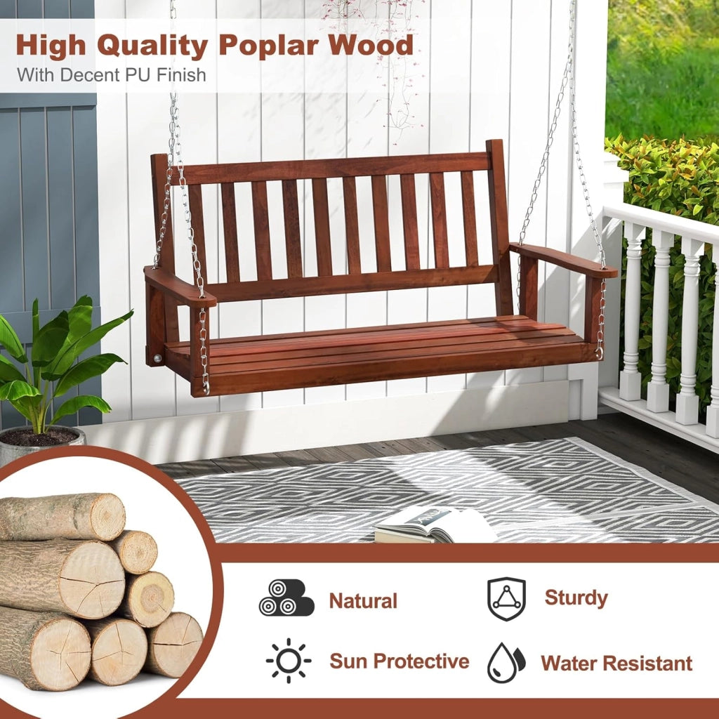 Panca sospesa in legno di pioppo, 2-3 posti, con catene in metallo regolabili, sedia sospesa con schienale in doghe, altalena Hollywood per giardino (marrone, 136 x 67 x 63 cm)