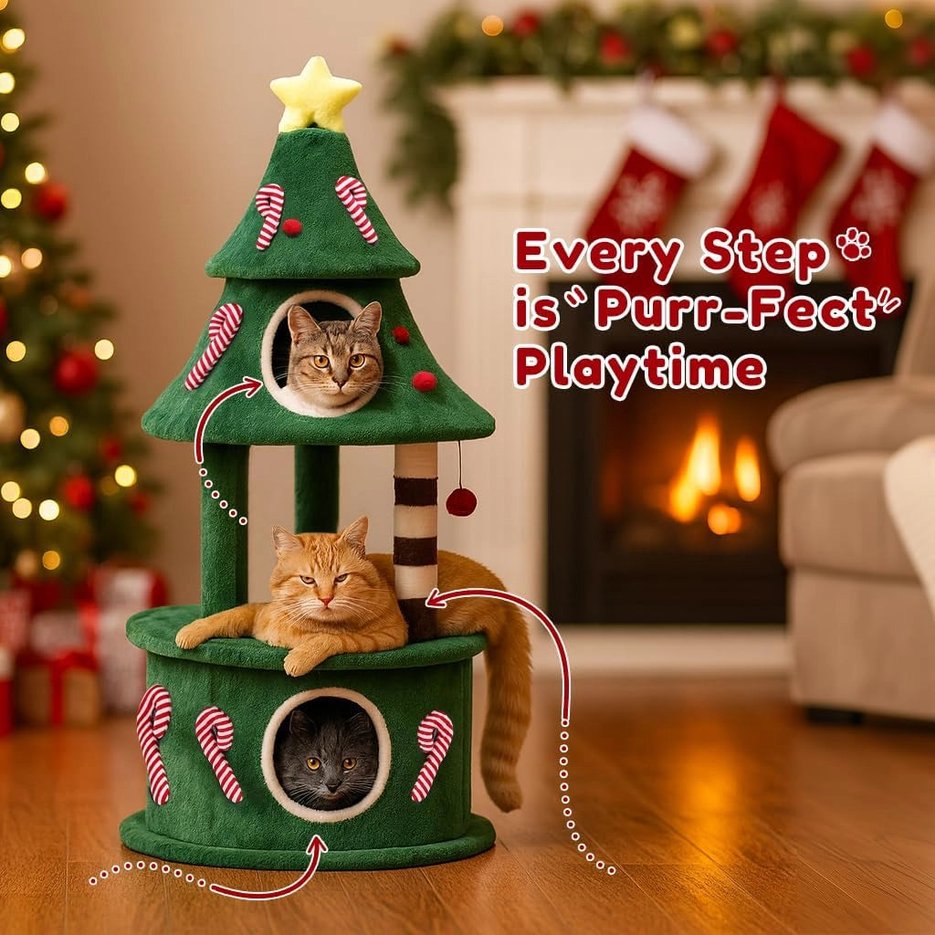 Kratzbaum alto 135 cm design albero di Natale, tiragraffi a più livelli con cuccia per gatti, piattaforme e palline da gioco, albero arrampicata stabile per gatti, verde