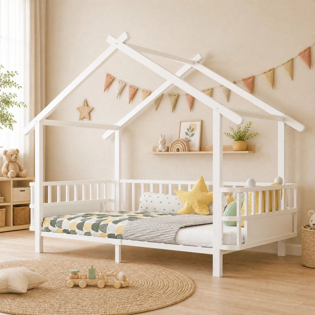 Letto per bambini in metallo a forma di casa, 90 x 200 cm, con sponde di sicurezza, design con tetto, bianco