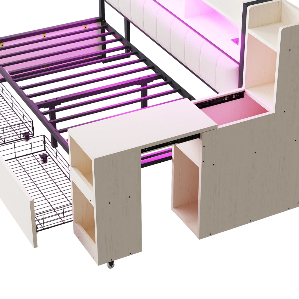 Letto singolo 90×200 cm con cassetti; scrivania estraibile e prese integrate; senza materasso; bianco