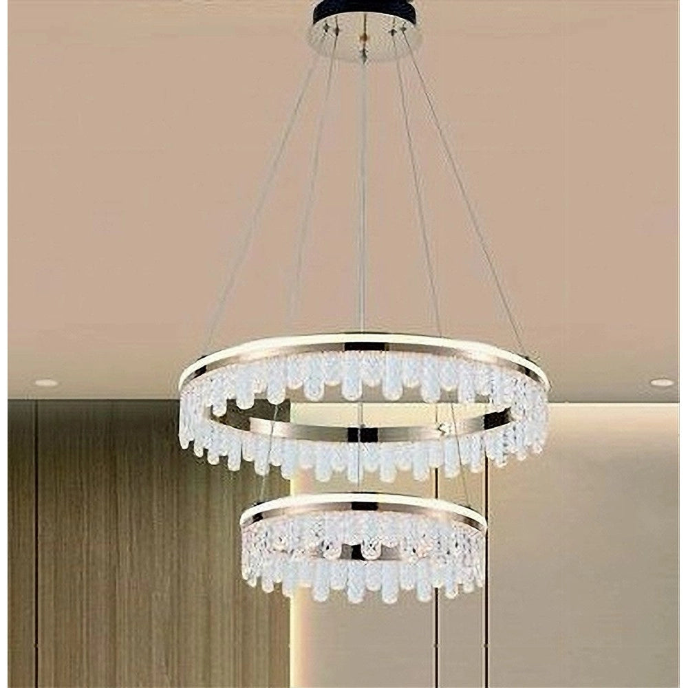 Trade Shop - Lampadario Led A Sospensione Oro 72w 2 Cerchi Con Cristalli 3 Colori Luce Lp-55-3c -