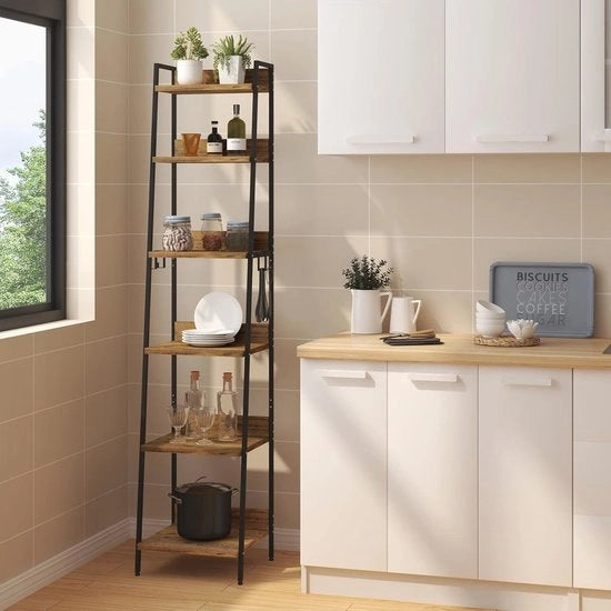 Ladderrek Industriale con 6 Scomparti Aperti e 4 Ganci - Mobile Multifunzionale per Libreria, Cucina e Salotto