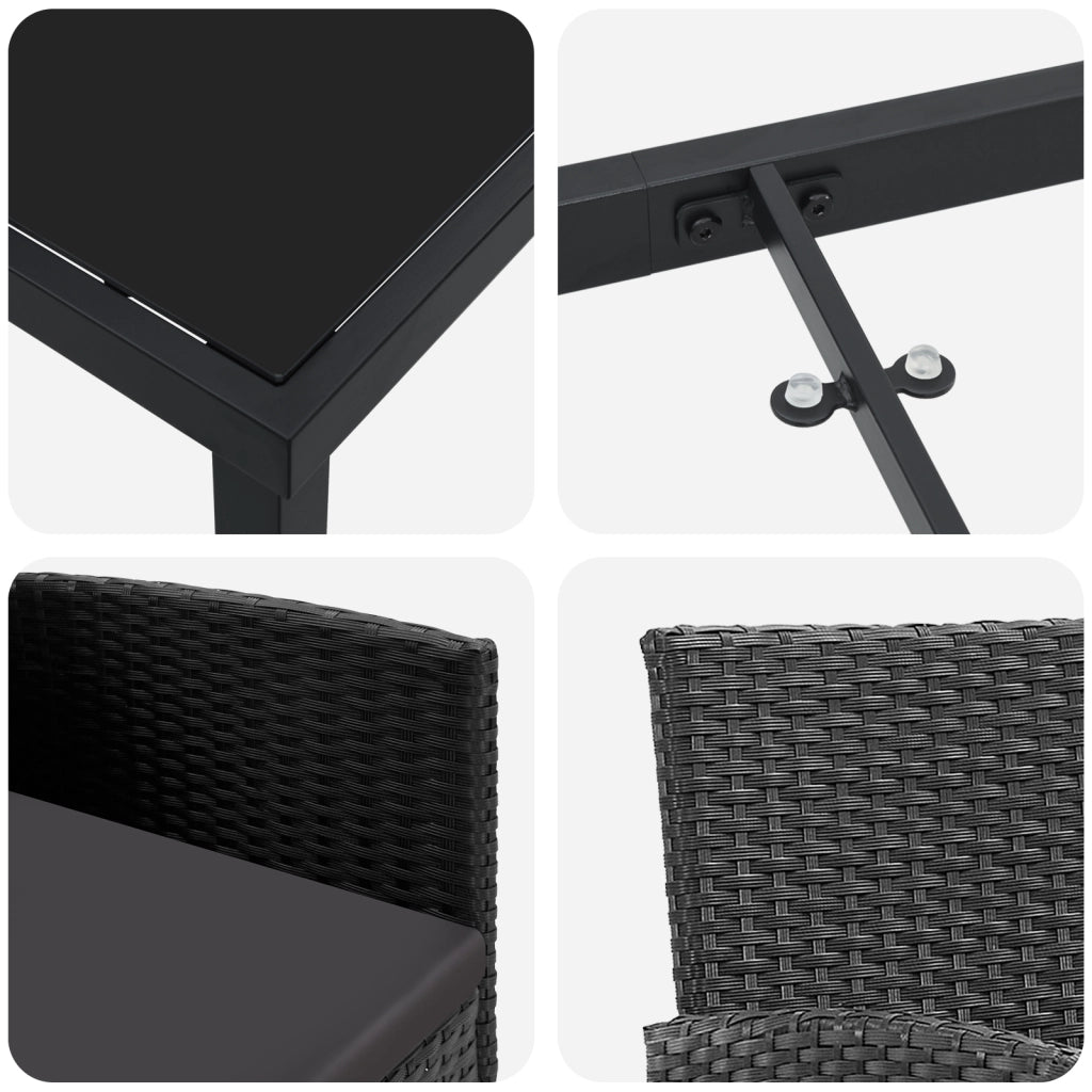 Set da Pranzo da Giardino 5 Pezzi con Cuscini Neri in Rattan Poligonale
