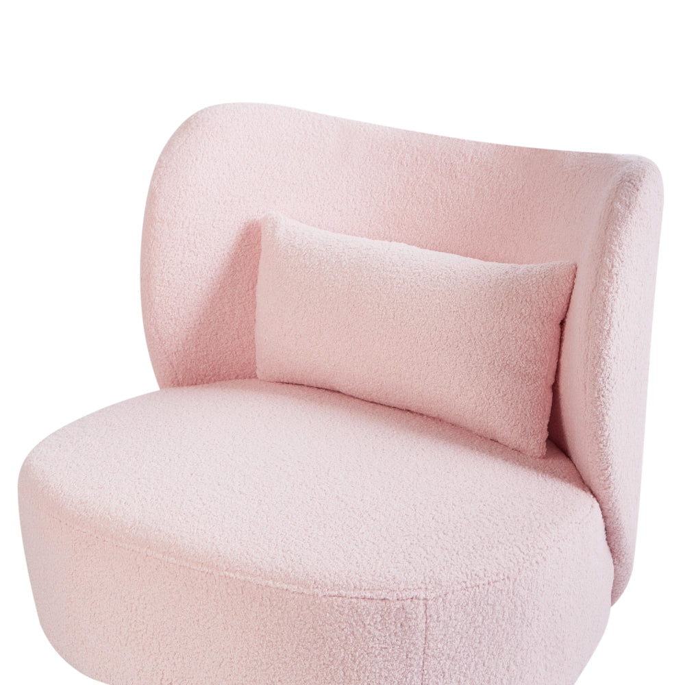 Poltrona Rosa Pastello Boucle Tessuto Morbido Nubby Legno Chiaro Gambe Metallizzate Schienale Curvo Stile Retro Glam Art Decor