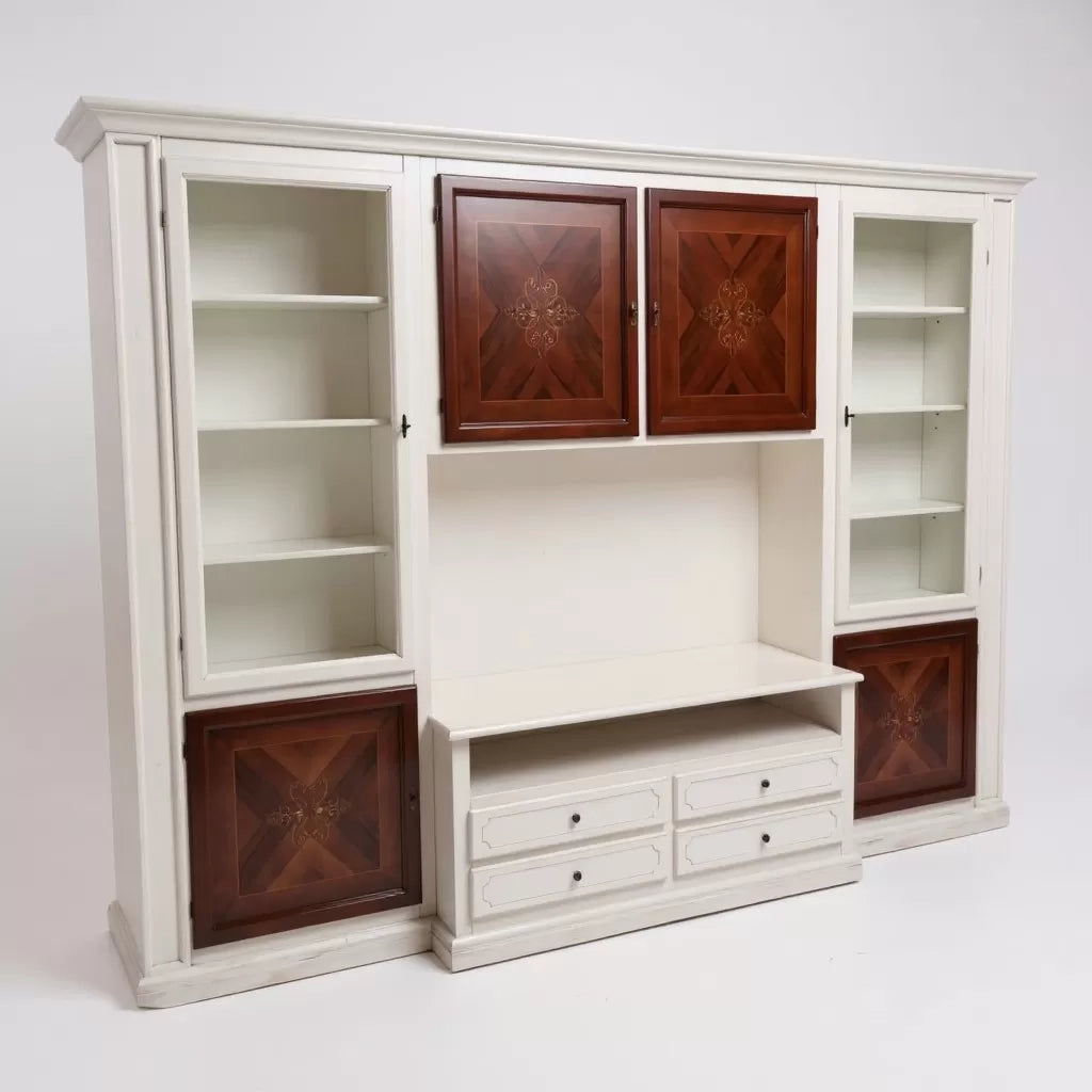 Parete attrezzata shabby legno bianca noce con intarsi 322x56x237 (344) - Mobili 2G