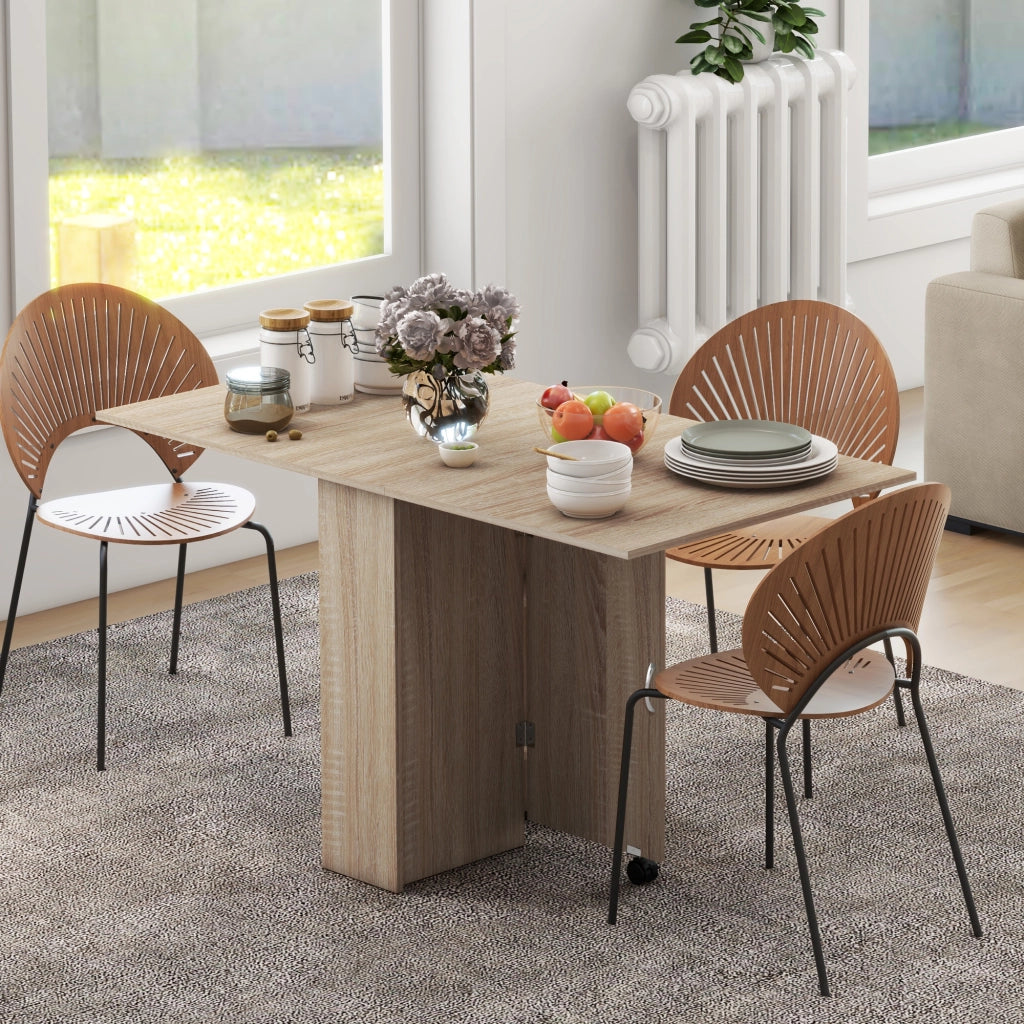 Tavolo Pieghevole con 2 Ribalte per 6 Persone con Ripiani e Rotelle Integrate, Legno Naturale