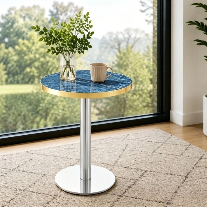 Tavolo rotondo in MDF effetto marmo blu con base in metallo