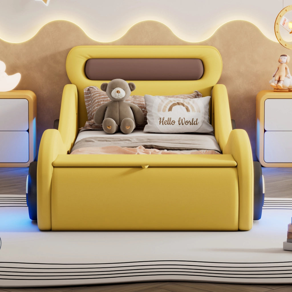 Letto auto imbottito 90x200 cm con ruote luminose e vano contenitore