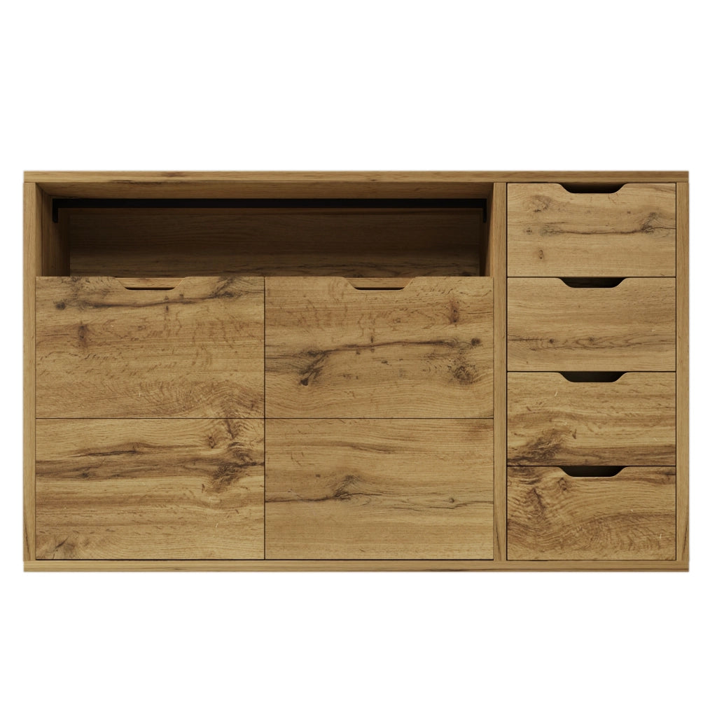 OKWISH Credenza con 2 Ante, 4 Cassetti e 1 Vano Aperto, Ripiani Regolabili, per Soggiorno 150 x 40 x 90 cm