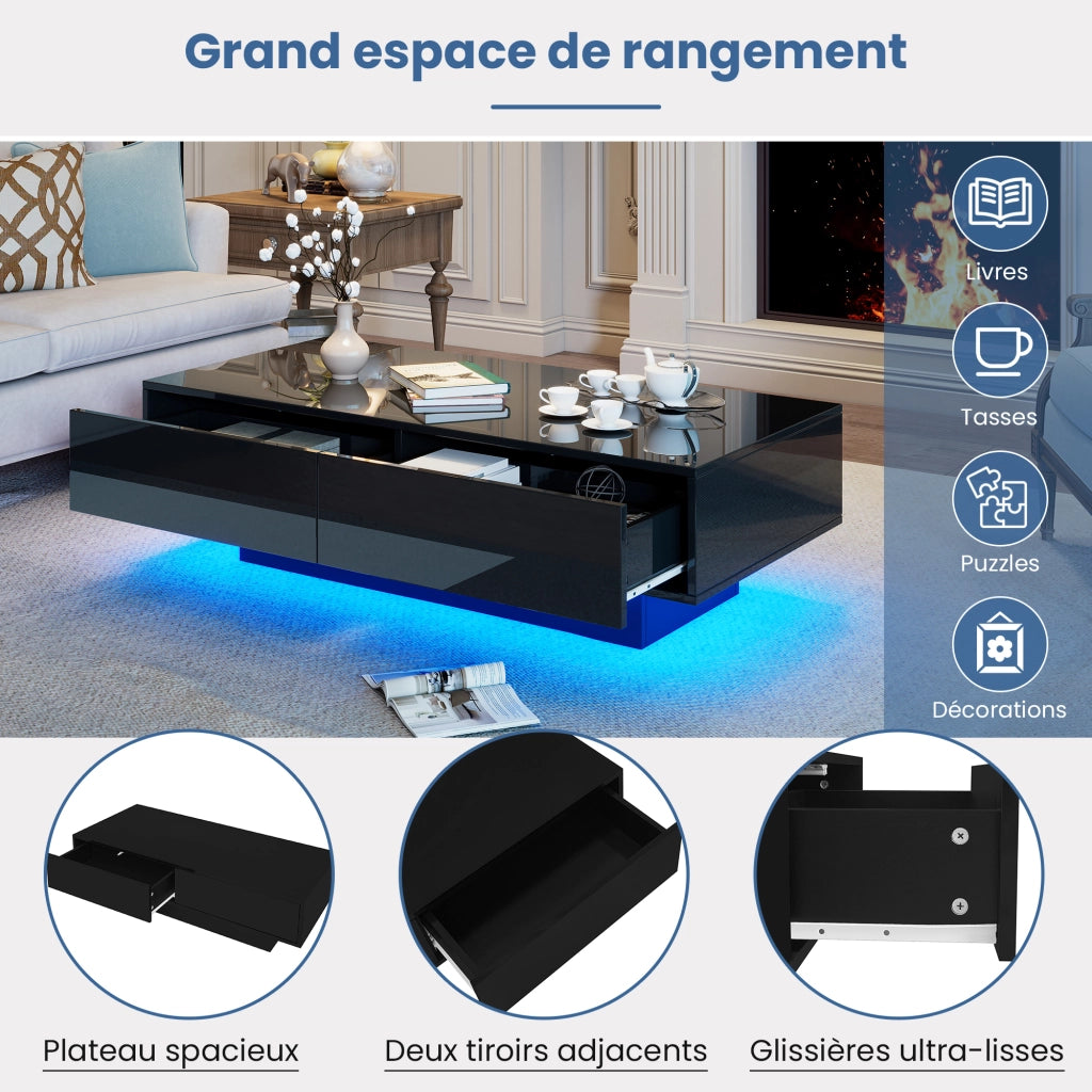 Tavolino da Salotto con 2 Cassetti e LED; Nero Lucido; Stile Moderno; in Pannello di Particelle; 115×55×34 cm