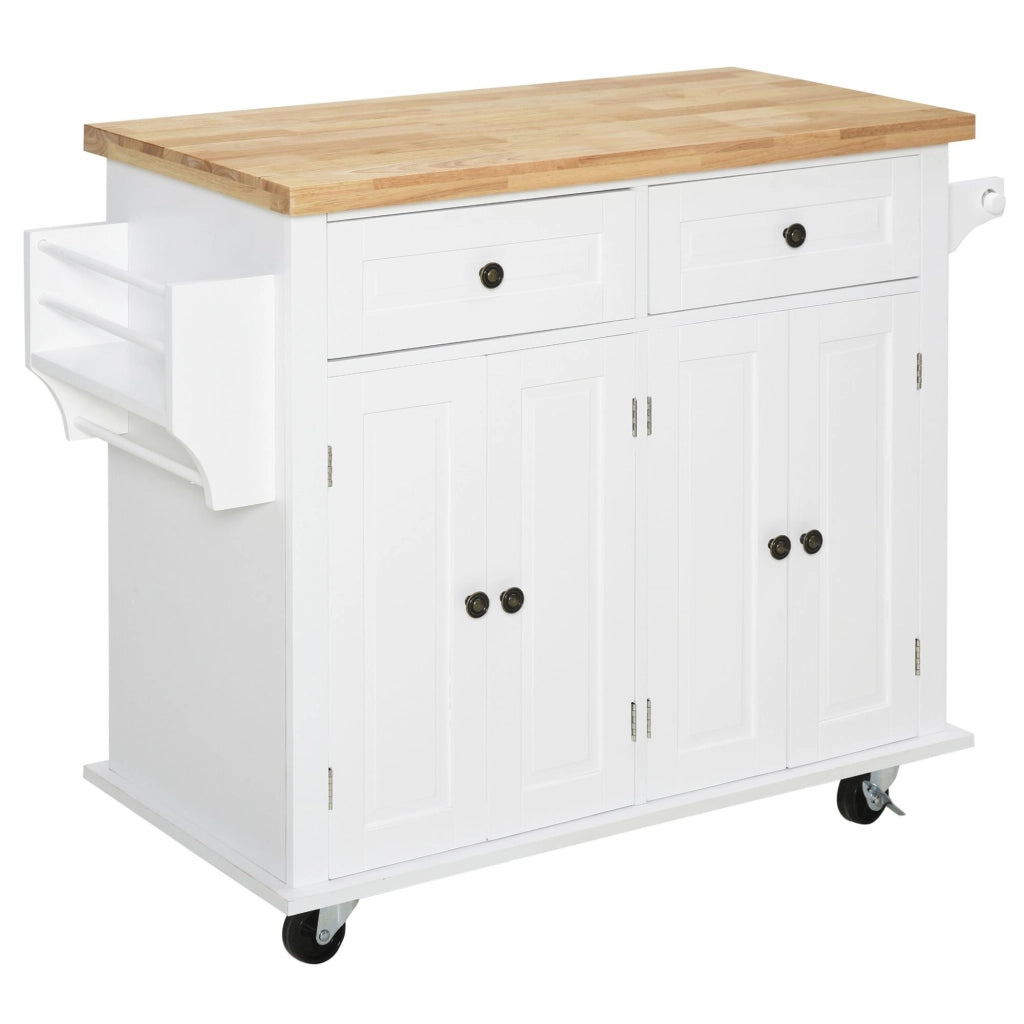 EasyComfort Carrello da Cucina con 2 Cassetti e 2 Armadietti, Isola da Cucina con Piano in Legno, Portaspezie e Porta Canovacci, Bianco