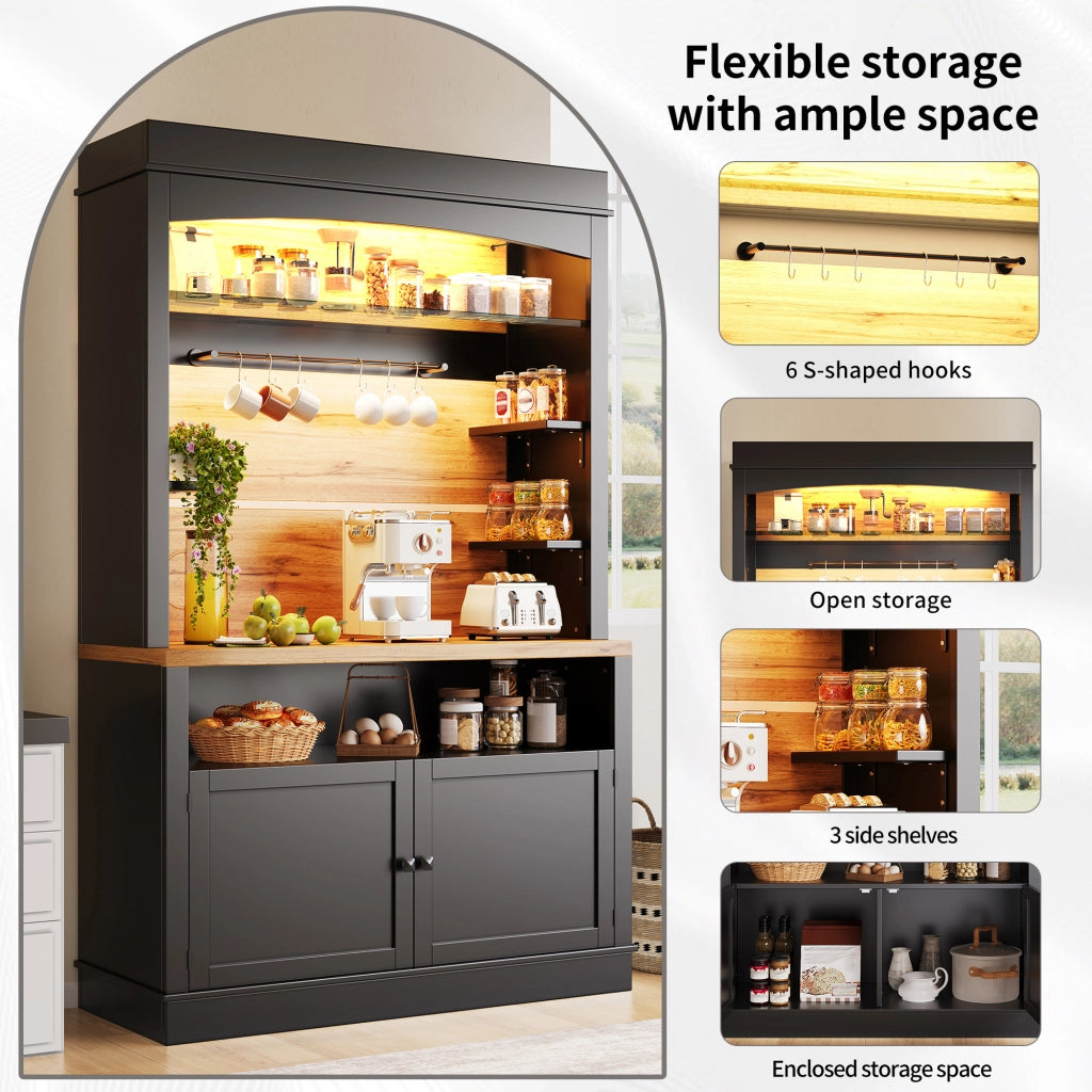 Dispensa alta con LED e vani aperti con due ante per cucina e soggiorno in MDF e metallo nero 107 × 43 × 184 cm