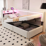 DESMIU Letto contenitore 90 × 200 cm 1 posto con LED, USB, ripiani, senza materasso, in velluto, beige