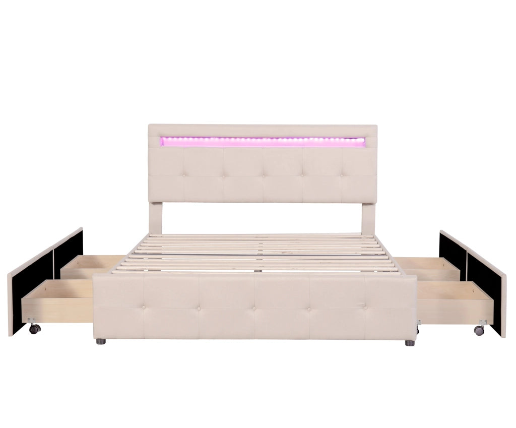 Letto Imbottito con LED, Contenitore e Testiera ¨C MINIMAL ¨C 140x200, Beige, 4 Cassetti