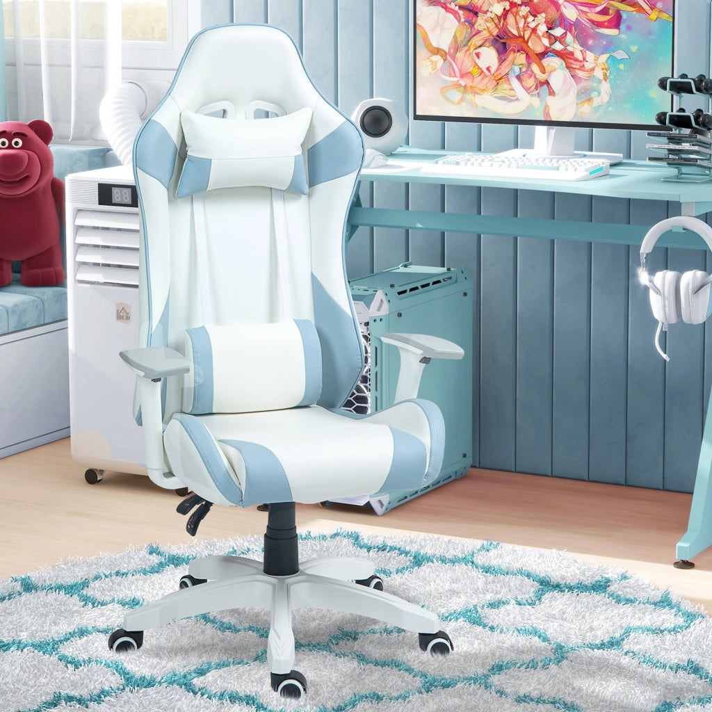 Sedia da Gaming Reclinabile 135° con Poggiatesta e Supporto Lombare 67x60x120-128 cm in Similpelle Azzurro