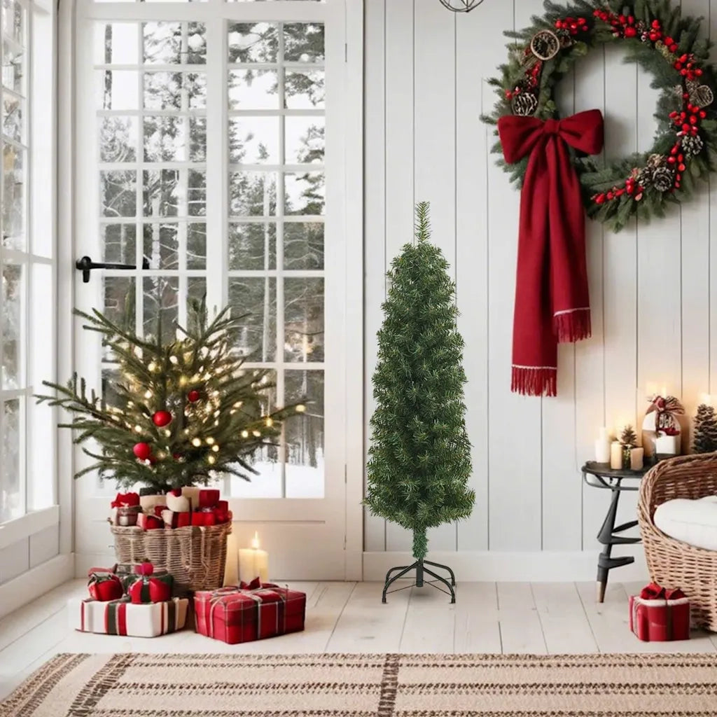 Albero di Natale Artificiale Sottile con Base-Decorazioni natalizie Verde 150 cm PVC