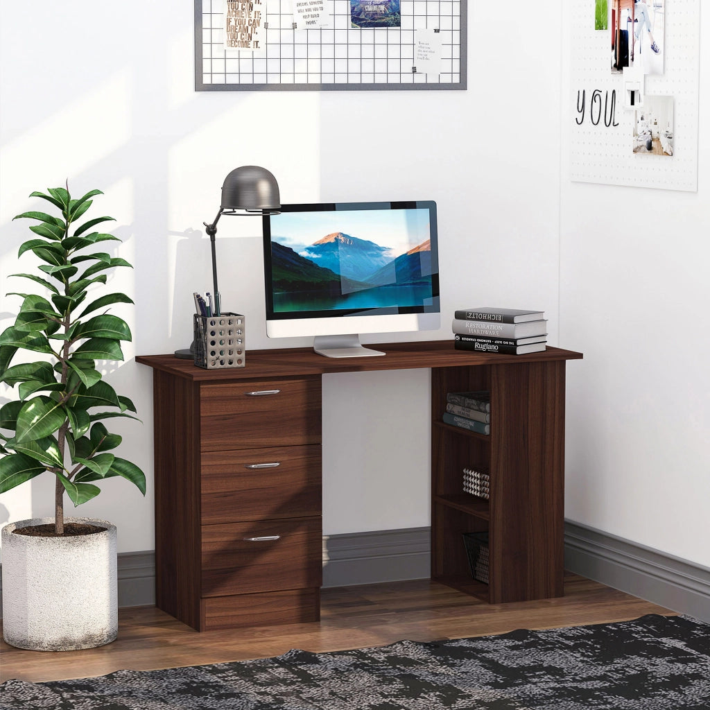 Scrivania per Computer 120 x 50 cm Effetto Noce con 3 Cassetti e 3 Ripiani Tavolo Porta PC da Ufficio e Camera Salvaspazio Robusto