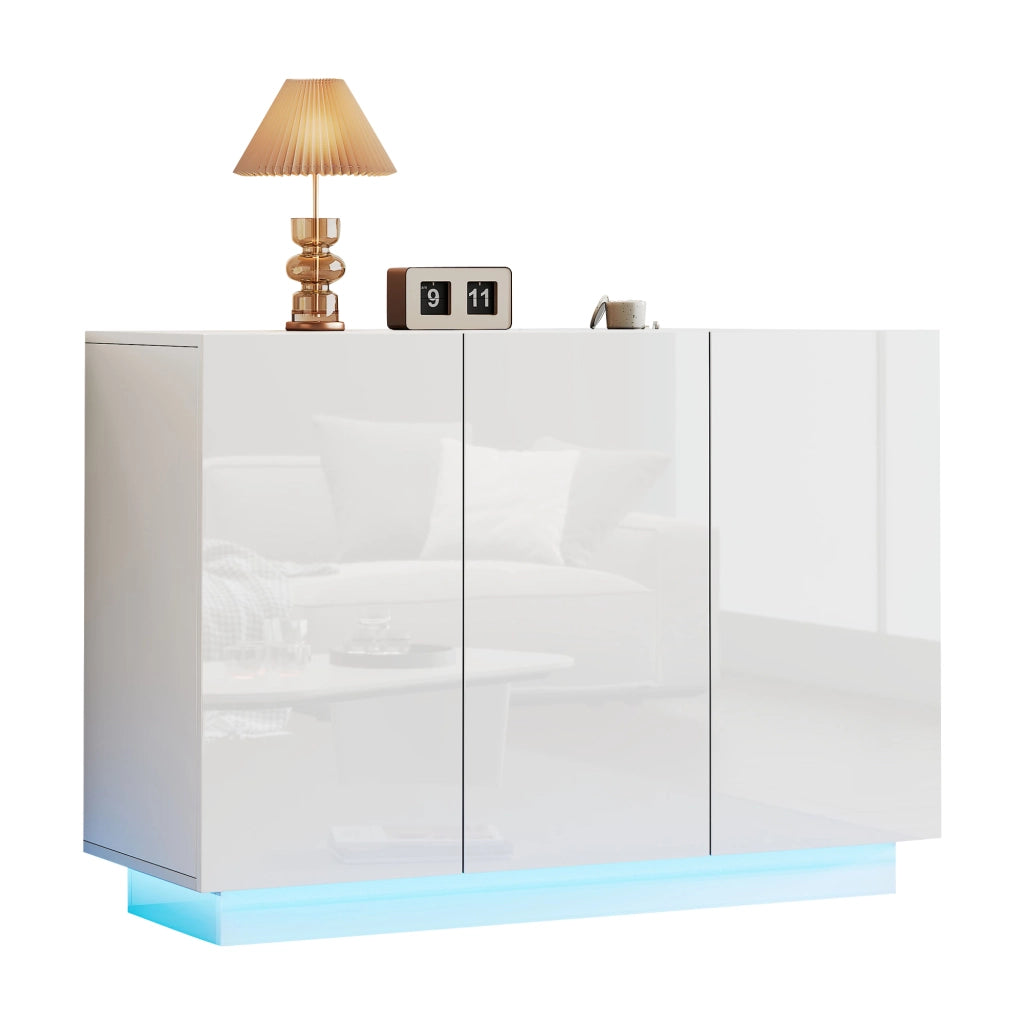 Credenza bianca lucida con luce LED, 120x40x75 cm, in pannello truciolare, con ante regolabili e capacit¨¤ 60 kg