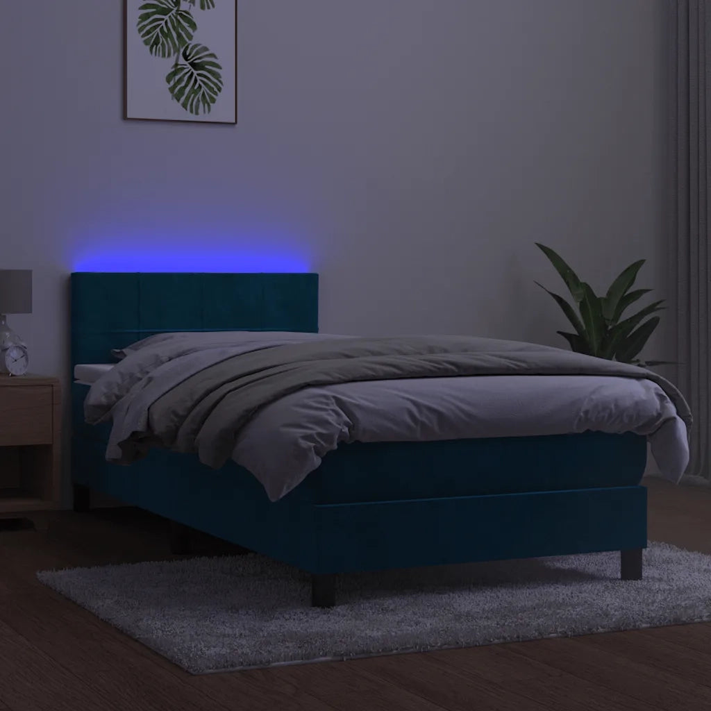 Letto a Molle con Materasso e LED Blu Scuro 90x200cm in Velluto