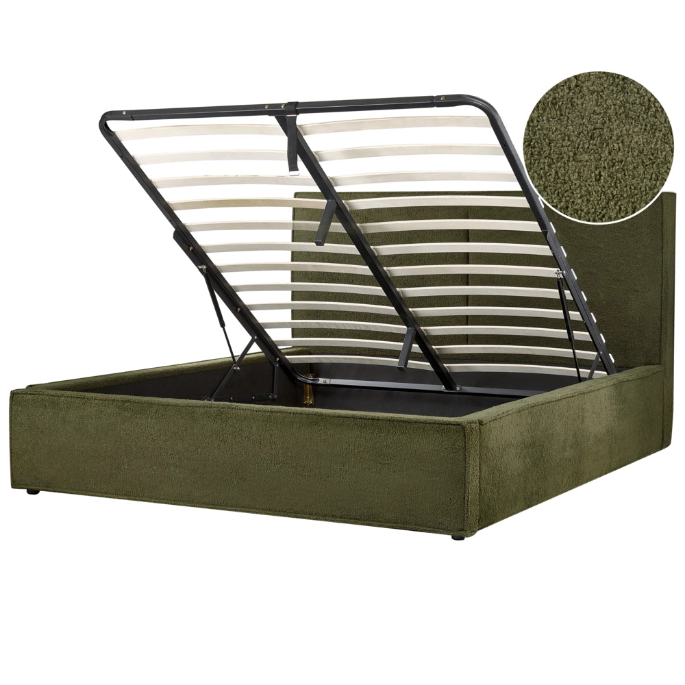 Letto king size 160 x 200 cm Verde Scuro Rivestimento in bouclé Ottomana di contenitore Telaio a doghe Camera da letto moderna contemporanea