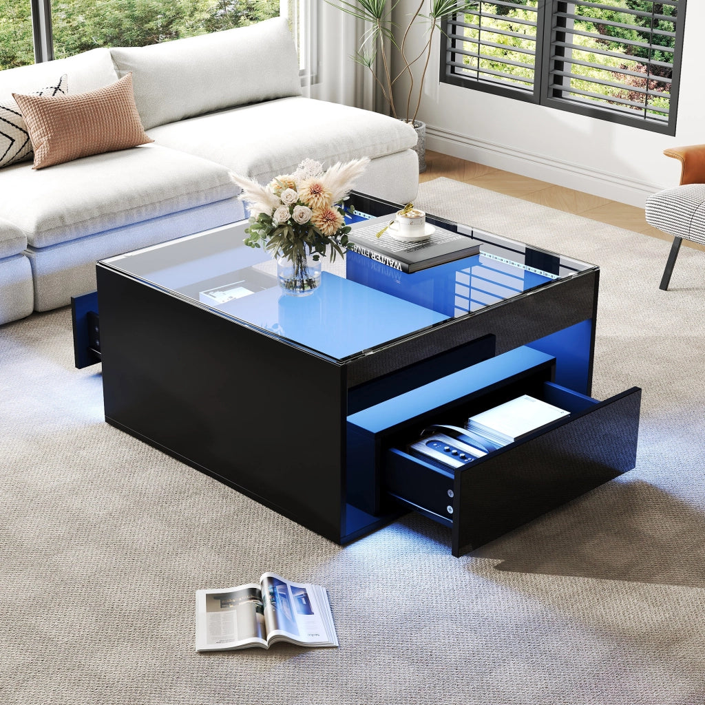Tavolino da caffè con 2 cassetti e LED - in MDF e vetro - nero - 70 x 70 x 35 cm