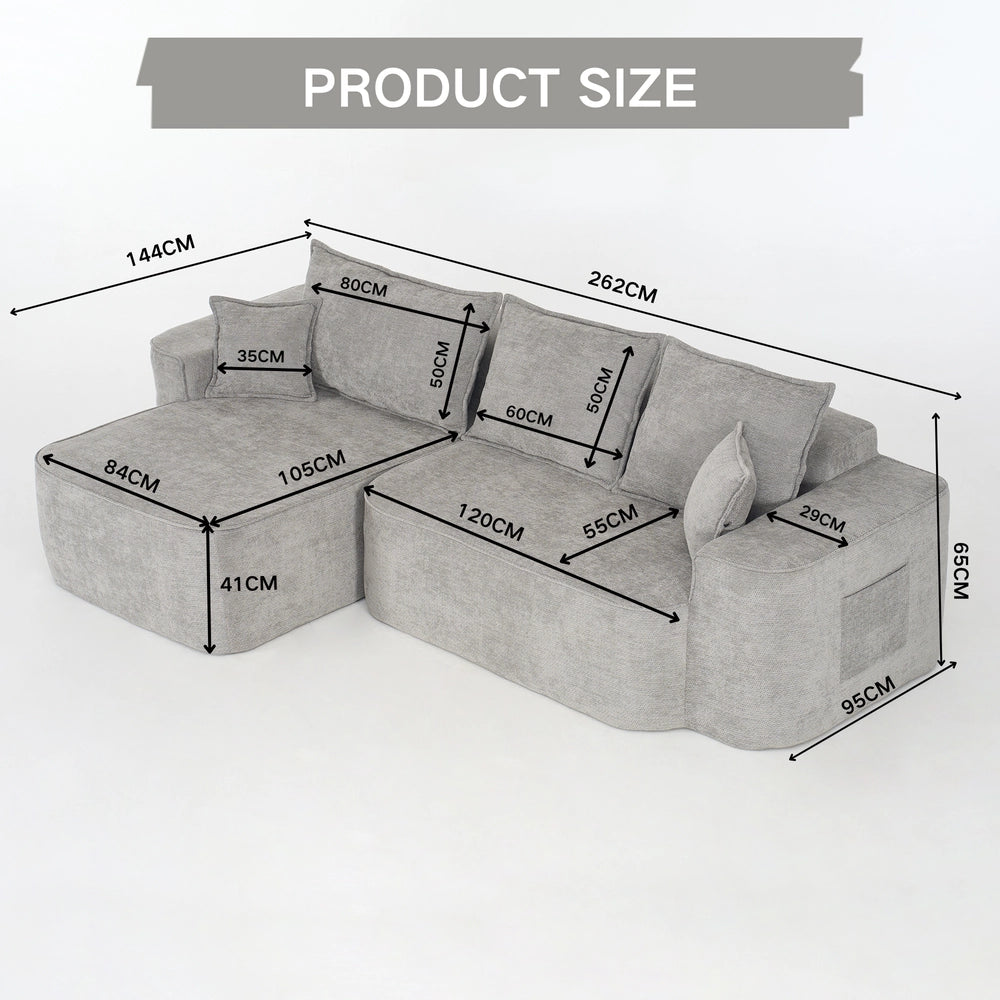 Divano angolare con chaise longue ¨C Minimal ¨C grigio chenille 262cm imbottito morbido