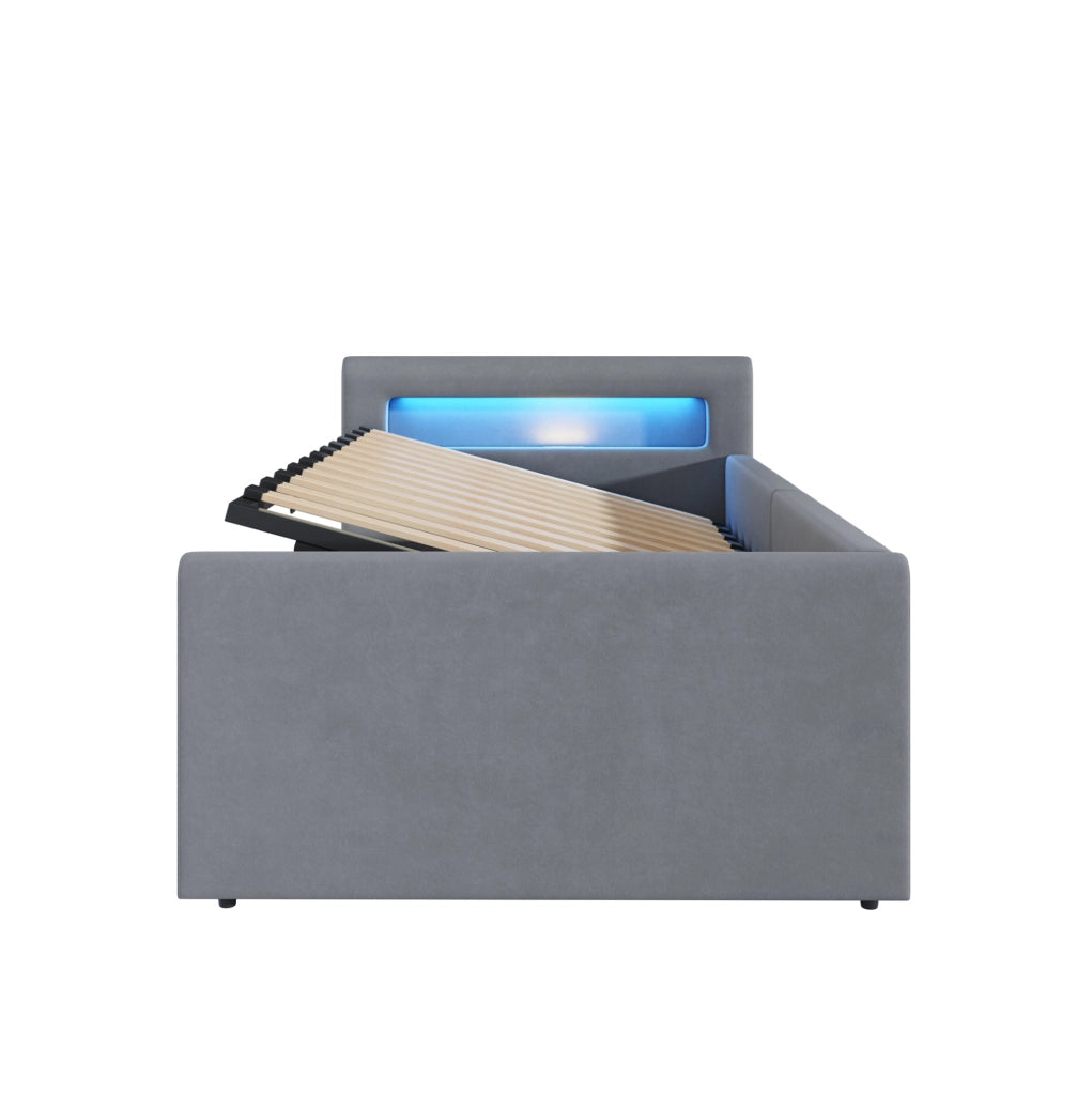 Letto imbottito per bambini 90x200 cm con LED; USB e contenitore idraulico; velluto grigio