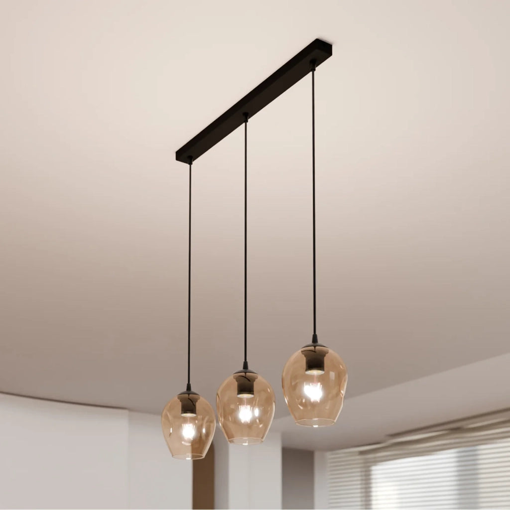 Lampadario 3 Luci Fuxi In Acciaio Nero E Vetri Ambra
