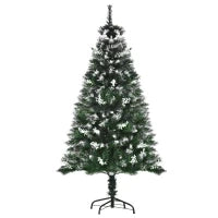 Albero di Natale Innevato 150cm con Bacche Decorative Bianche, Base Rimovibile Pieghevole, 378 Rami, Verde