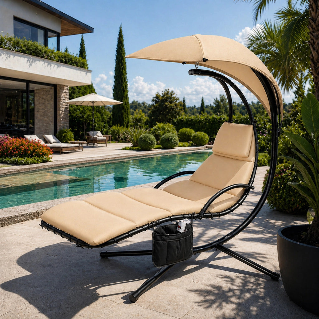 Sdraio Pensile Con Tettuccio Parasole Integrato E Cuscino Ergonomico Amaca Da Giardino In Acciaio E Poliestere 195 x 132 x 197 Cm Beige