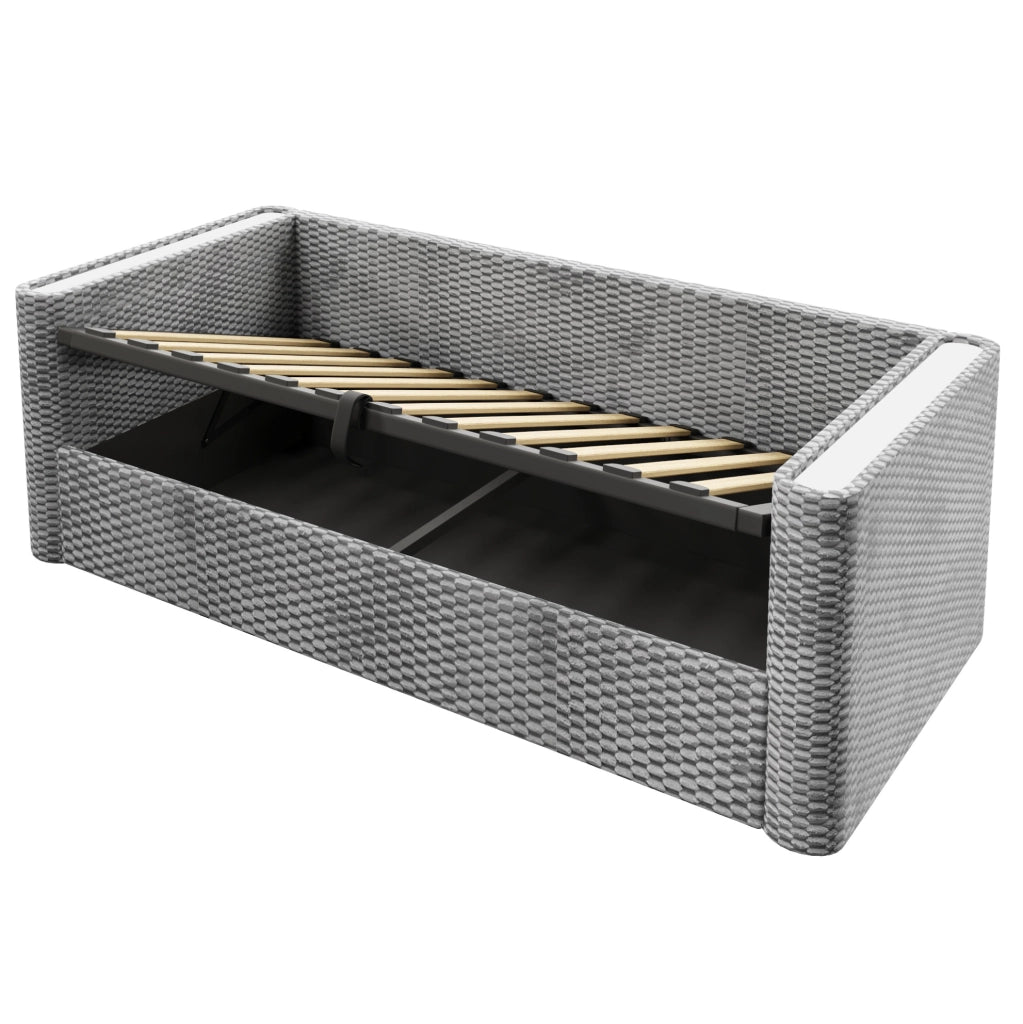 Divano letto daybed 90x200 cm in velluto grigio con illuminazione LED e contenitore idraulico