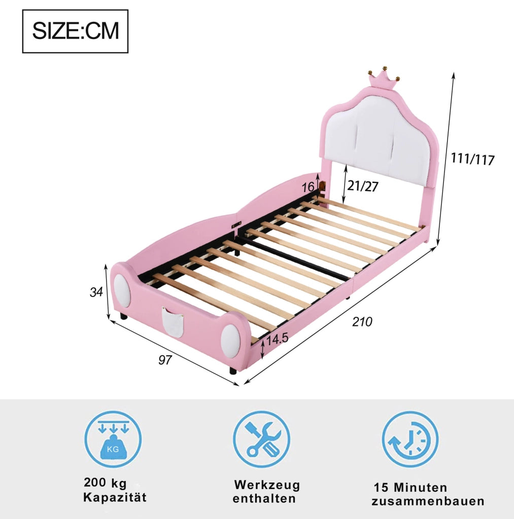 Letto imbottito per bambini 90x200 cm in similpelle rosa e bianco con testiera decorata a coronamento