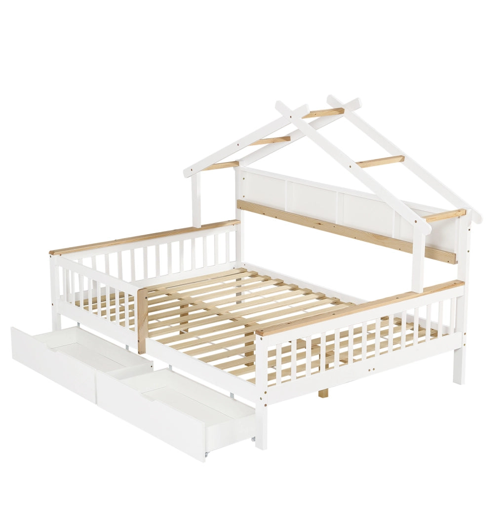 Letto per bambini 140x200 cm con tetto, sponde di sicurezza e 2 cassetti