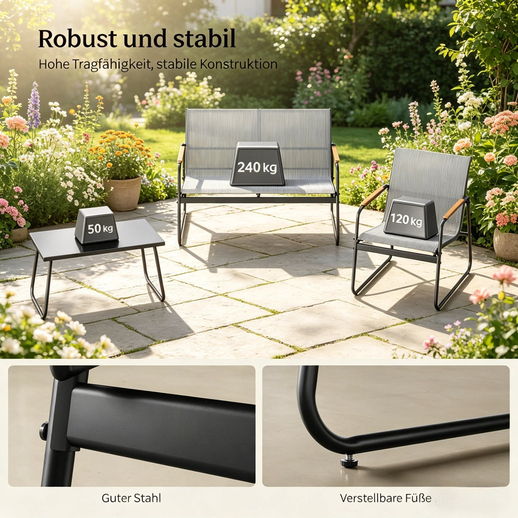 Set mobili da giardino 4 pezzi con divano a 2 posti, 2 poltrone e tavolino in vetro temperato per esterno grigio