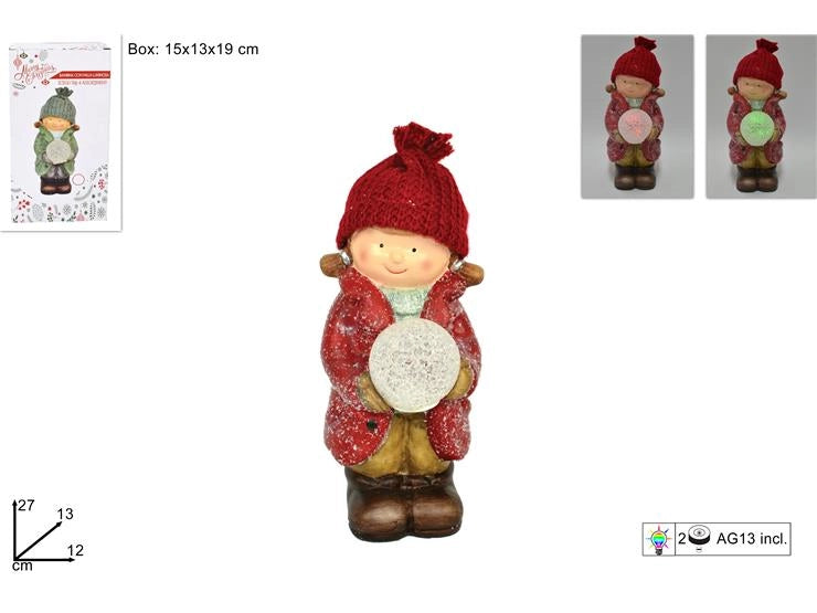 Decoro Natale Bambina in Ceramica con Cappello Palla di Neve e Luci 27 cm