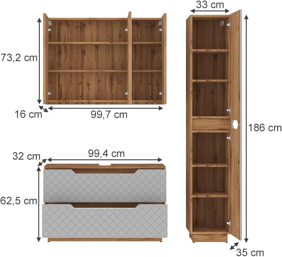 Set di mobili da bagno Lotta, Rovere/grigio con struttura in piastrelle, 3 parti