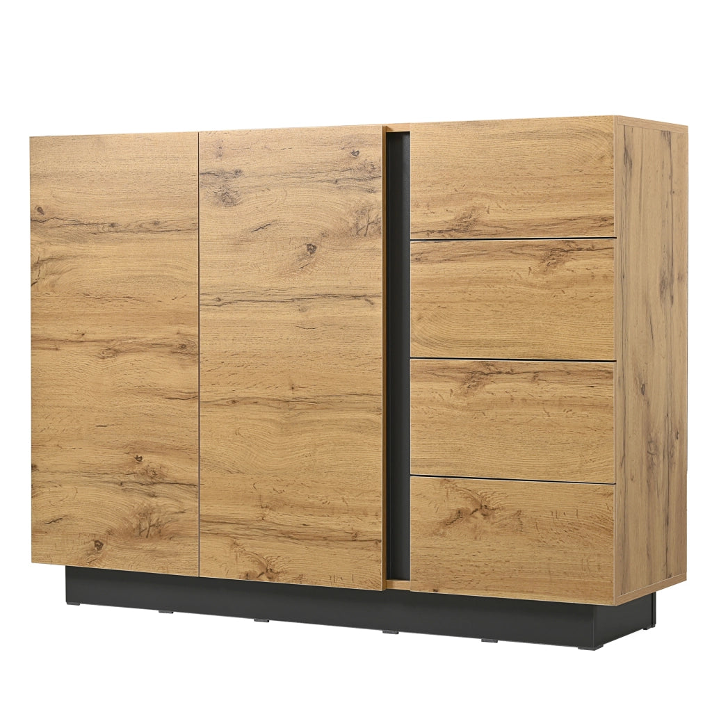 Madia con 2 ante e 4 cassetti, struttura in truciolare, colore naturale e nero, L120 x P35,5 x H90,5 cm