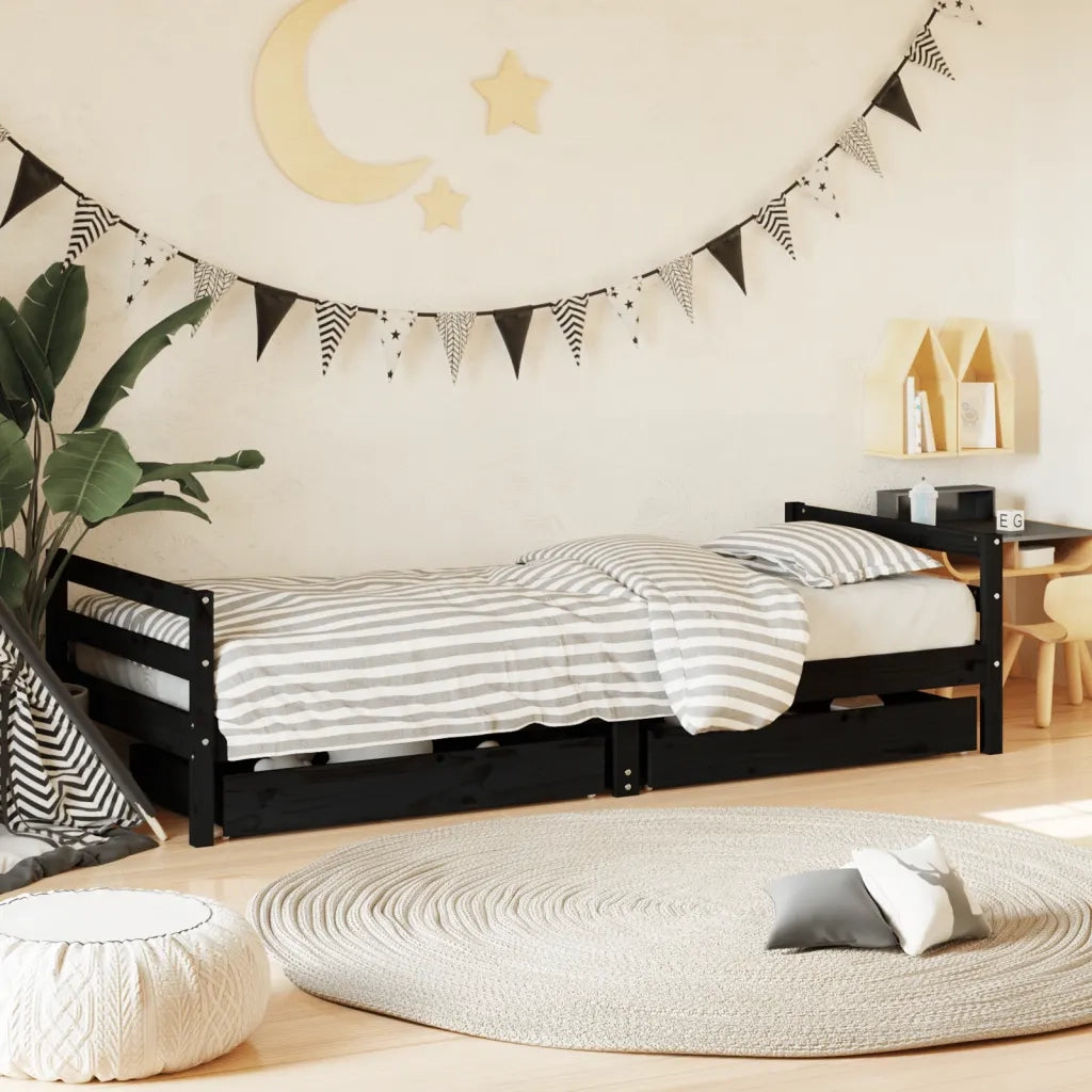 Giroletto Bambini | Letto Infantile | Lettino con Cassetti Nero 80x200cm Massello di Pino