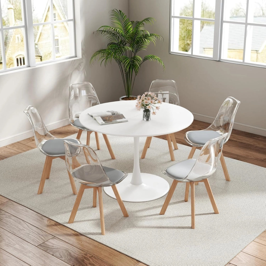 GrandCA HOME Set di 6 Sedie da Pranzo Nordiche con Schienale Trasparente, Sedia Imbottita con Sedile Imbottito in Tessuto di Lino (Grigio-PU)