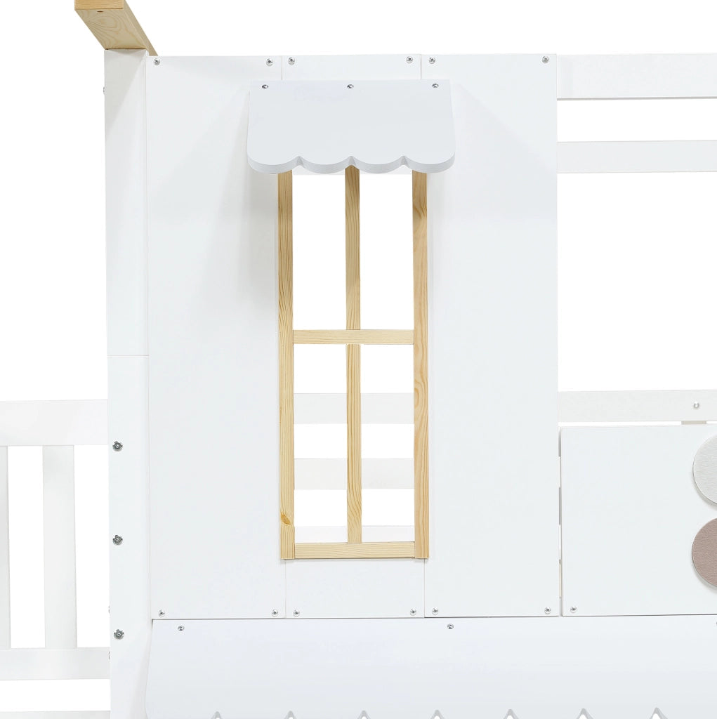 Letto a castello per bambini 90x200 cm con scala contenitore e design a casetta