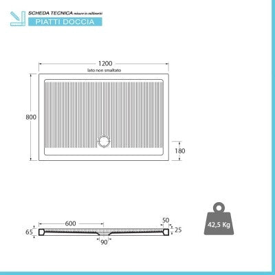 Piatto doccia 80x120 H 6.5 rettangolare in ceramica bianca con antiscivolo Ferdy