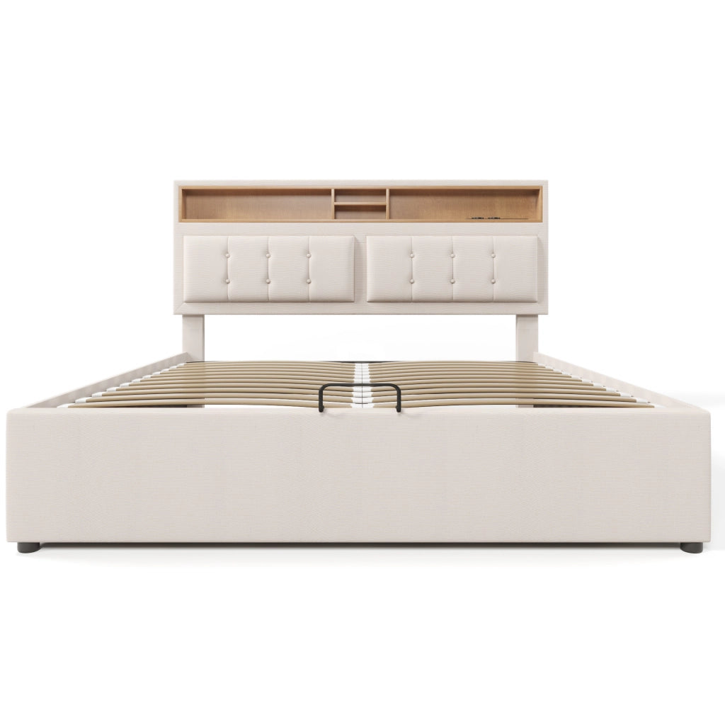 Letto matrimoniale 140x200 imbottito con testiera regolabile, USB e contenitore
