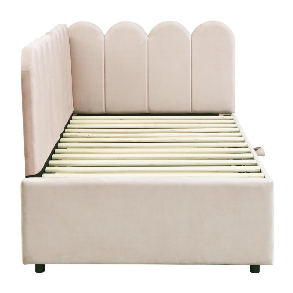 Divano letto L con letto estraibile 90x200 cm; velluto beige