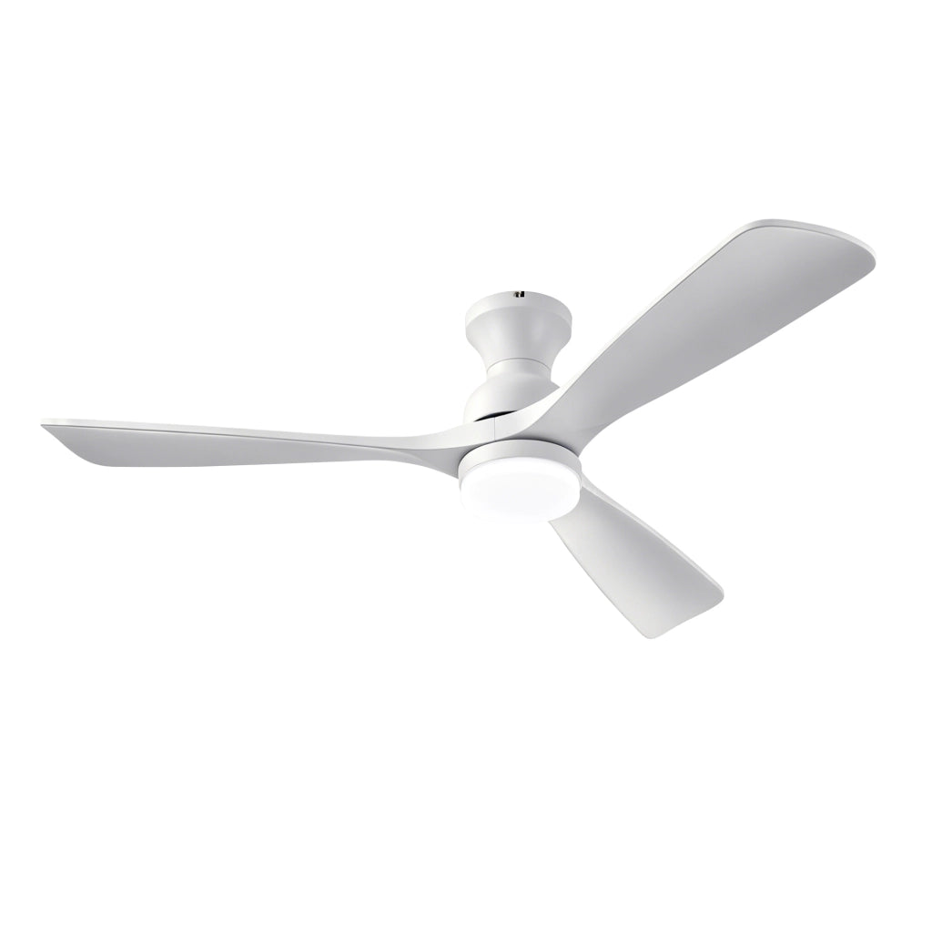 Ventilatore da soffitto con luce LED; 3 pale in legno massello; telecomando; bianco