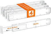 Set di 4 divisori di carico in plastica per cassetti con larghezza interna di 40-50 cm e altezza di 6 cm, sistema di archiviazione regolabile per armadio/camera da letto/comodino/cucina/ufficio, trasparente
