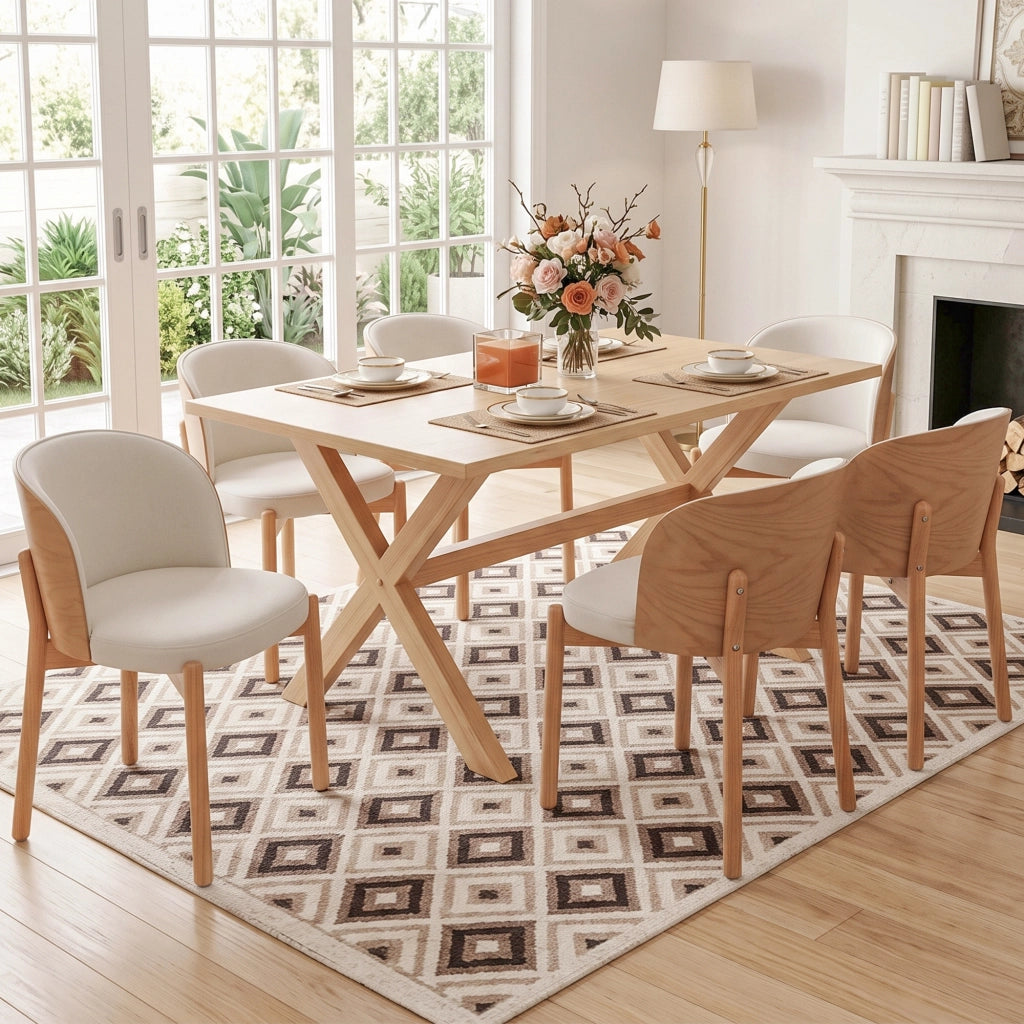 Set di 2 sedie da pranzo in legno massello, rivestimento in lino, schienale avvolgente, colore naturale