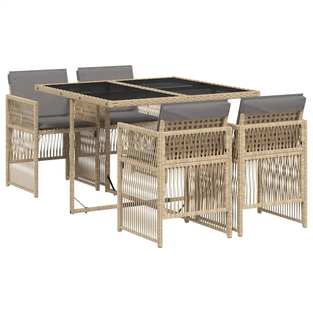 Set Pranzo da Giardino 5 pz | Set Salotto da Giardino con Cuscini Beige Misto Polyrattan