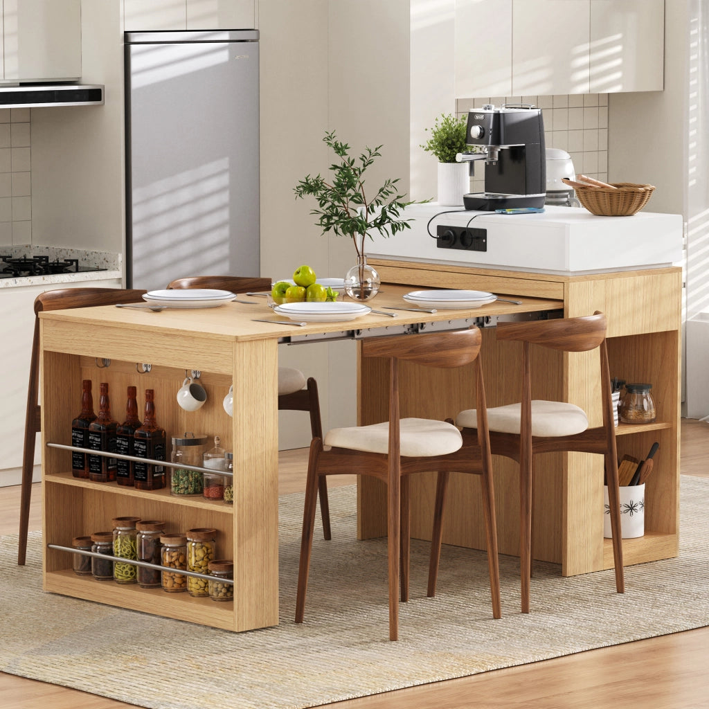 Carrello da Cucina con 1 Cassetto; Ripiani Regolabili; Piano Pieghevole e Prese; in MDF e Vetro; 83x46x96 cm; Naturale